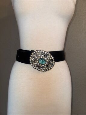 Stunning Just Cavalli Black Leather Belt with Ornate Jewel Buckle